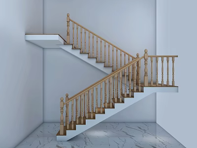 Elegant Wooden Staircase With Double Flight Design White Steps And Marble Floor 3d model