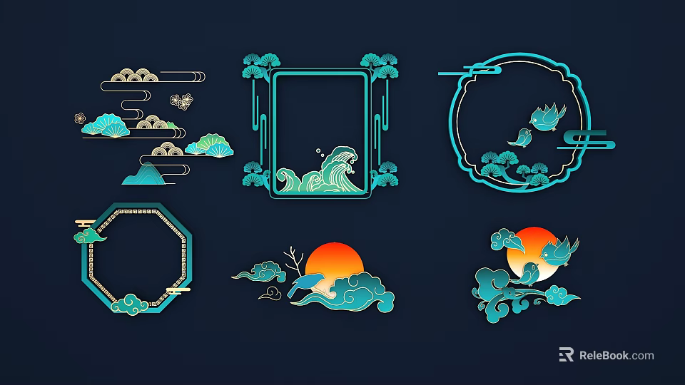 Traditional Chinese Carvings With Cloud Patterns Wave Designs Sun And Bird Elements 3d model