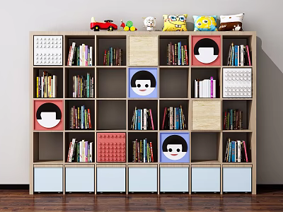 Kids Colorful Bookcase with Books Toys Decorative Panels Cartoon Face Designs and Drawers 3d model