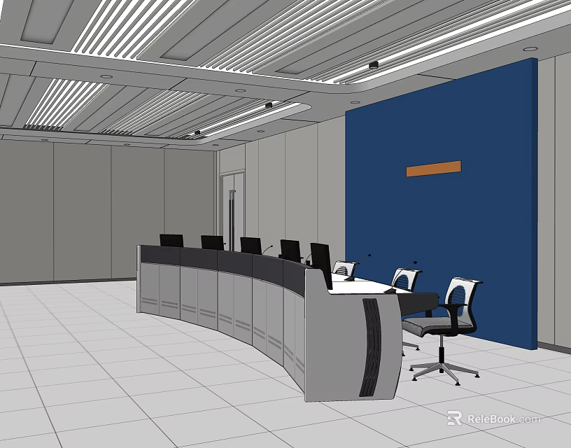 Monitoring Room Interior With Curved Console Multiple Computers And Blue Wall 3d model 