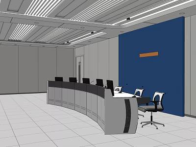 Monitoring Room Interior With Curved Console Multiple Computers And Blue Wall 3d model