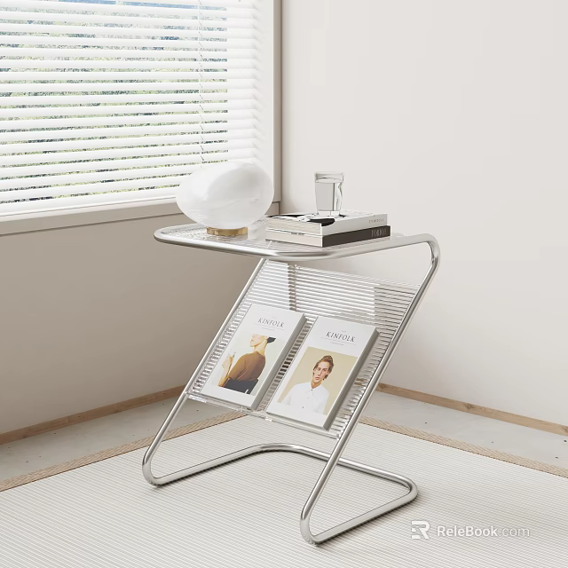 Modern Minimalist Metal Side Table with White Ball Glass of Water and Magazine Rack 3d model 