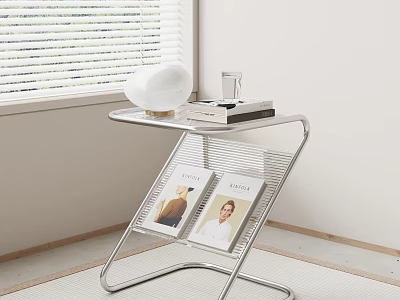 Modern Minimalist Metal Side Table with White Ball Glass of Water and Magazine Rack 3d model