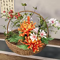 Traditional Wicker Basket Arrangement With Orange Chrysanthemums White Lilies Red Flowers And Green Leaves