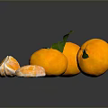 Fresh Whole Oranges With Green Leaves And Peeled Segments On Black Reflective Surface