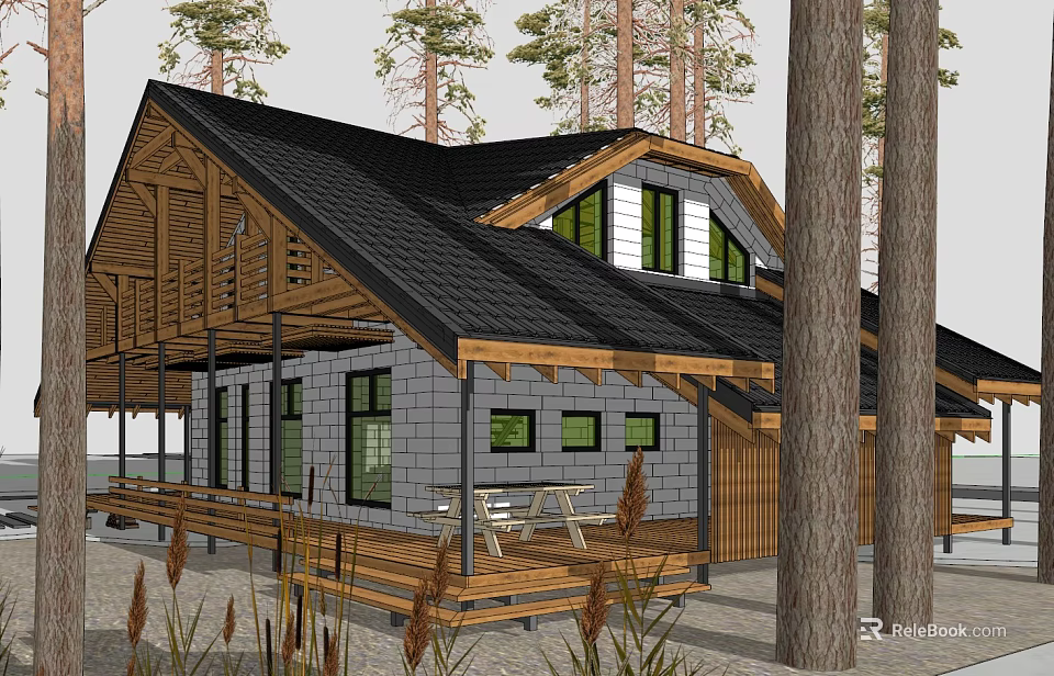 Residential House with Wooden Structure Black Roof Gray Walls Large Windows Deck in Natural Surroundings 3d model 