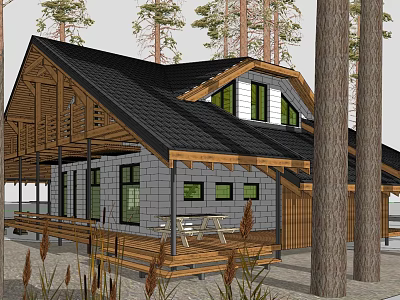Residential House with Wooden Structure Black Roof Gray Walls Large Windows Deck in Natural Surroundings 3d model