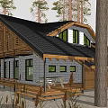 Residential House with Wooden Structure Black Roof Gray Walls Large Windows Deck in Natural Surroundings