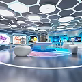 Modern Tech Exhibition Hall With Hexagonal Ceiling Blue Floor White Podiums And Screens