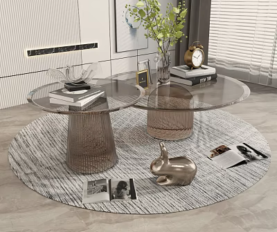 Modern Round Glass Coffee Table With Metal Base Books Vase Clock And Rabbit On Rug 3d model
