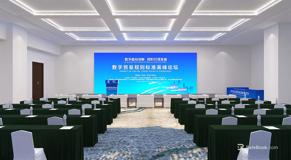 Modern Conference Room for Digital Trade Forum with Large Screen and Arranged Seats 3d model 
