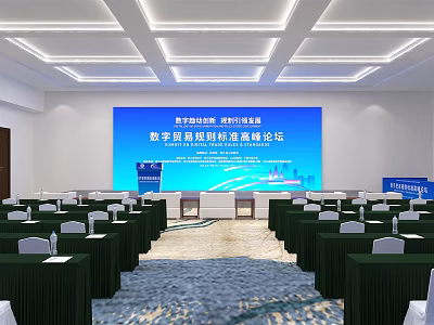 Modern Conference Room for Digital Trade Forum with Large Screen and Arranged Seats 3d model