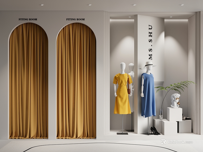 Fashion Window Display Showcasing Yellow Curtains White Mannequins Yellow Blue Dresses Green Plant White Stand 3d model 