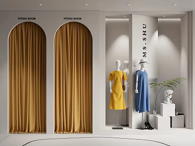 Fashion Window Display Showcasing Yellow Curtains White Mannequins Yellow Blue Dresses Green Plant White Stand 3d model