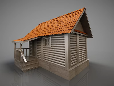 Log Cabin With Orange Tiled Roof Wooden Walls Porch And Steps 3d model