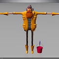 Cartoon Character Wearing Yellow Coat Purple Hat Red Scarf With Arms Outstretched Red Bucket Blue Tool