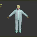 Person in White Protective Suit Standing with Arms Outstretched on Gray Background