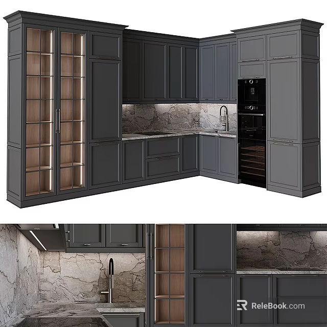 Modern Dark Gray Kitchen Cabinets With Glass Fronts And Stone Backsplash 3d model 