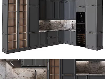 Modern Dark Gray Kitchen Cabinets With Glass Fronts And Stone Backsplash 3d model