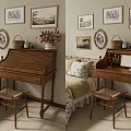 Wooden Dressing Table Interior With Framed Pictures Flower Vase And Stool