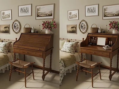 Wooden Dressing Table Interior With Framed Pictures Flower Vase And Stool 3d model