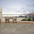 Terrace Garden Design With Wooden Deck Table And Chairs Green Plants Distant View And Sky