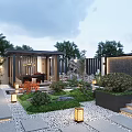 Modern Garden Landscape With Stone Pavement Green Plants Lighting Bushes And Seating Area