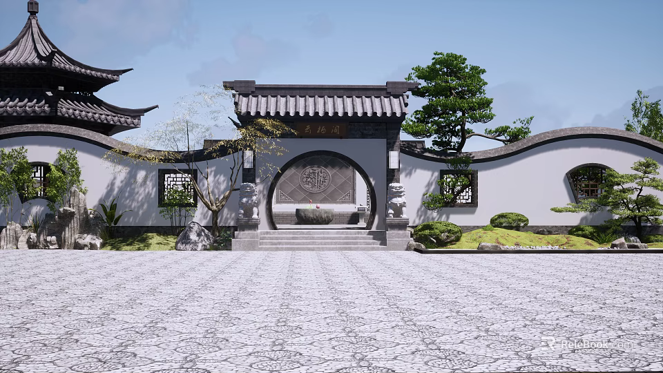Traditional Chinese Garden Wall with Circular Doorway Carved Lattice Windows Green Plants and Stone Pavement 3d model 