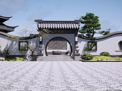 Traditional Chinese Garden Wall with Circular Doorway Carved Lattice Windows Green Plants and Stone Pavement 3d model