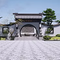 Traditional Chinese Garden Wall with Circular Doorway Carved Lattice Windows Green Plants and Stone Pavement
