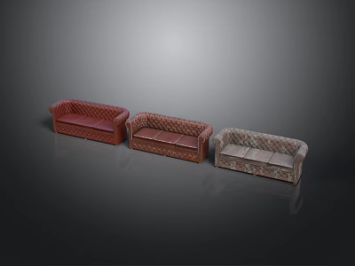 Three Stylish Tufted Sofas In Red Brown And Beige Colors For Living Room 3d model