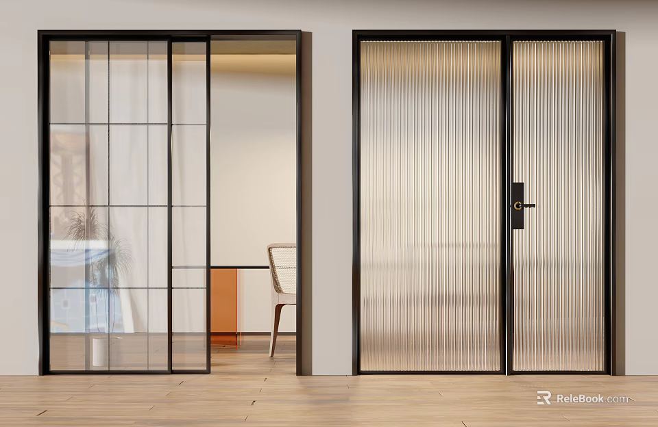 Modern Interior Sliding Doors With Glass Panels And Black Metal Frames 3d model 