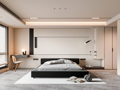 Modern Bedroom Interior Design With Platform Bed Wooden Floor And Pendant Lighting 3d model