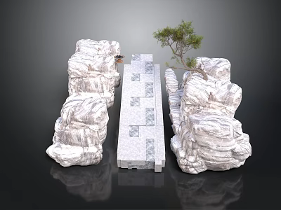 Natural Garden Landscape With Rock Formations Stone Path And Small Tree 3d model