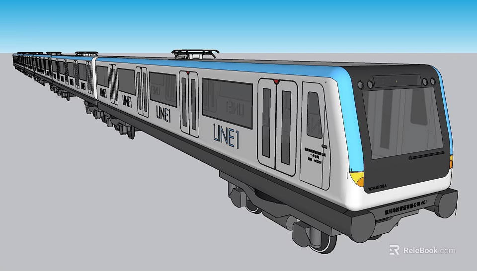 Modern White And Blue Subway Train With Line Logo And Yellow Front Details 3d model 