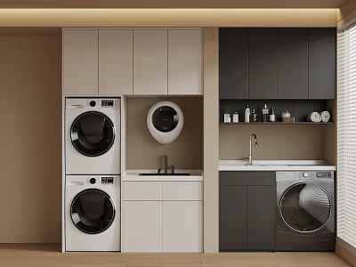 Modern Laundry Room With White And Dark Gray Cabinets Washing Machine Dryer And Sink 3d model
