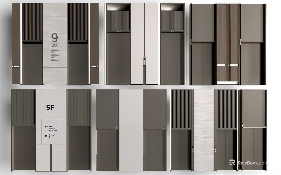 Modern Hotel Elevator Lobby With Sleek Doors Floor Numbers And Stone Panels 3d model 