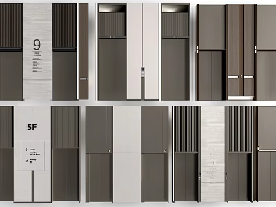 Modern Hotel Elevator Lobby With Sleek Doors Floor Numbers And Stone Panels 3d model