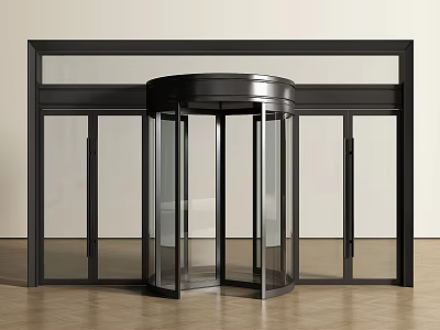 Modern Revolving Door Entrance With Glass Panels And Black Frame Design 3d model