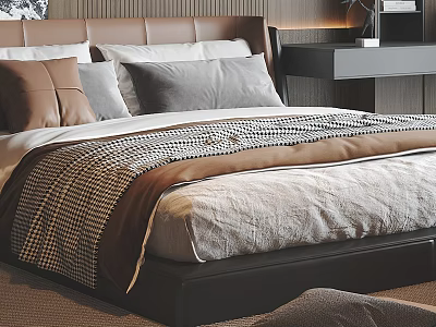 Modern Bedroom Interior With Double Bed Leather Headboard Plaid Blanket And Pillows 3d model