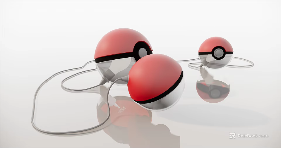 Shiny Red And White Poké Balls On Reflective Surface With Cables 3d model