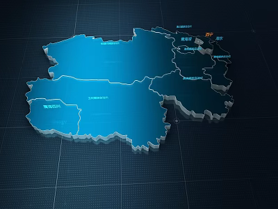 Blue 3D Map With Regional Divisions And City Labels On Grid Background 3d model