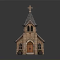 Stone Church Building With Steeple Cross Gray Tiled Roof Arched Windows And Wooden Door