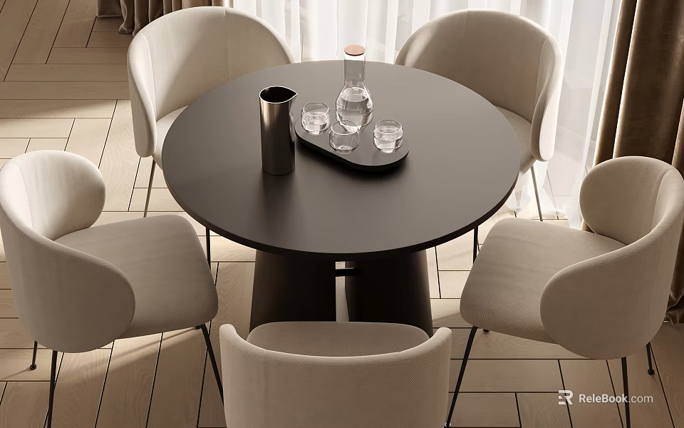 Modern Indoor Black Round Dining Table Set With Four Light Colored Chairs And Tabletop Accessories 3d model 