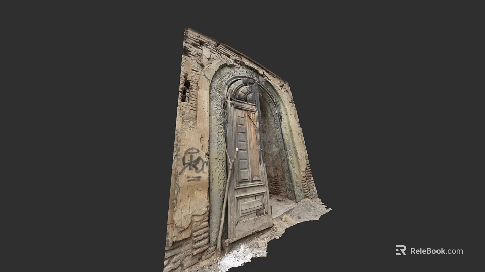 Antique Wooden Door In Dilapidated Stone Wall With Archway And Graffiti 3d model 