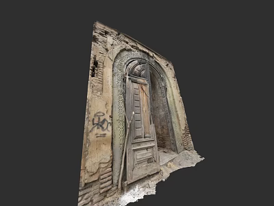 Antique Wooden Door In Dilapidated Stone Wall With Archway And Graffiti 3d model
