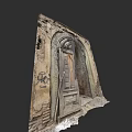 Antique Wooden Door In Dilapidated Stone Wall With Archway And Graffiti