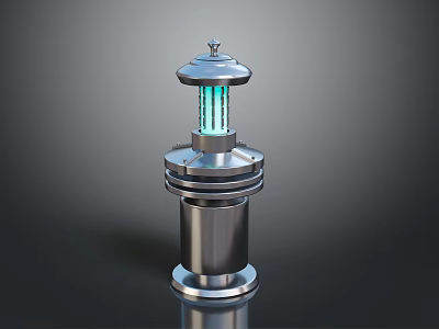 Stunning Night Landscape Featuring Silver Metal Lighthouse with Blue Light on Dark Background 3d model