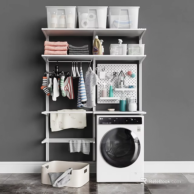 Laundry Room Organization With Washing Machine Shelf Towels And Storage Containers 3d model 