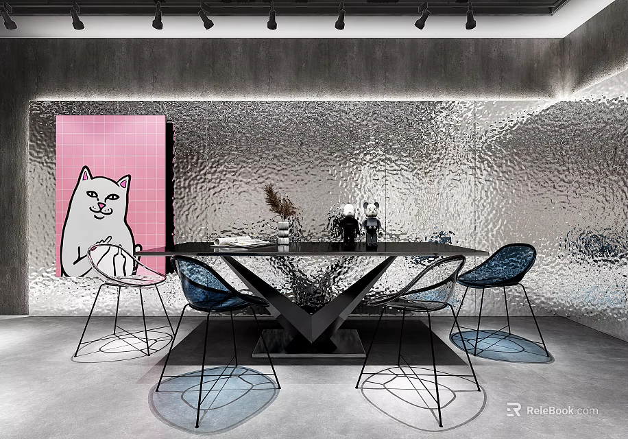 Modern Dining Set Black Table Metal Chairs Pink Cartoon Cat Art Silver Wall Interior 3d model 